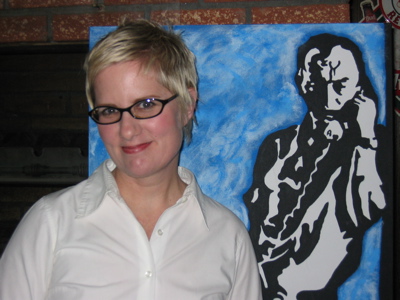 Poet Jennifer Moxley with painting of Frank O'Hara